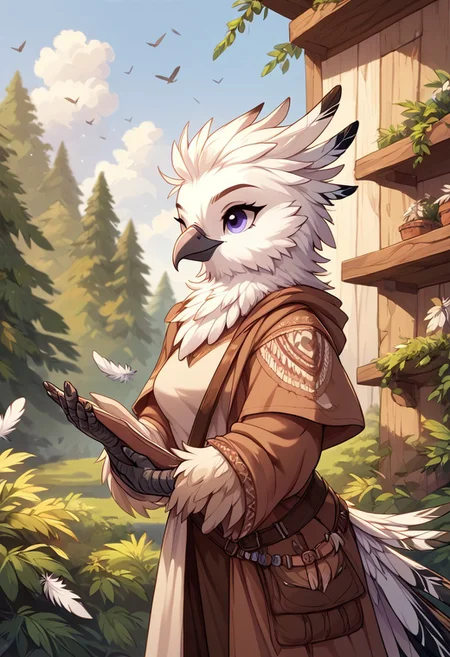 score_9, score_8_up, solo, 1girl, standing,
megafeatherypony, feathers, feathery, bird anthro, outdoors, clothes