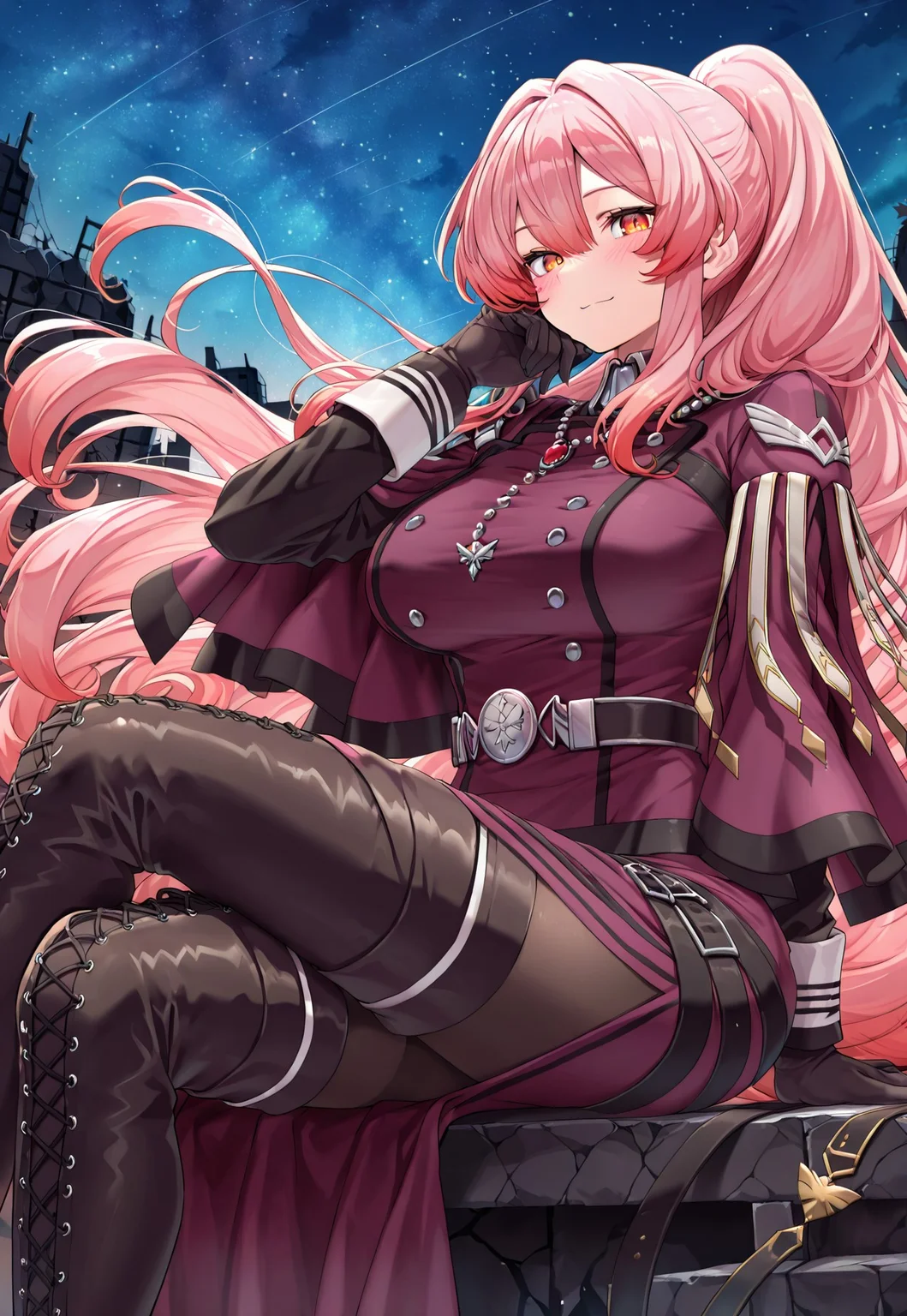 exosister martha, 1girl, solo, sitting, smile, crossed legs, looking at viewer, night, starry sky, ((sky)), closed mouth, black cross-laced thigh boots, blush, large breasts, outdoors, black pantyhose, purple military dress uniform, purple capelet, black gloves, silver necklace, from side, ruins,
masterpiece,best quality,amazing quality,very aesthetic,absurdres,newest,<lora:Exosister Martha illusXL v1:0.7>,