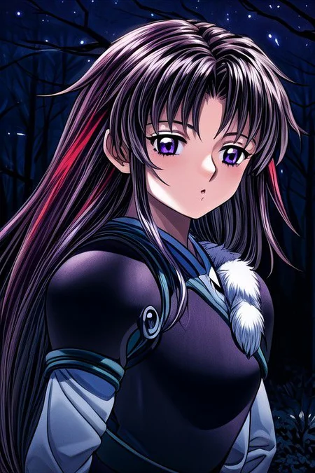 masterpiece, best quality 1girl Setsun4 solo long hair, (night time) forest background black hair very long hair purple eyes multicolored hair armor (fur trim) (medium body),<lora:EMS-179-EMS:0.800000>,<lora:EMS-293862-EMS:0.800000>