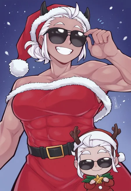 justicedef, white hair, short hair, demon horns, score_9, score_8_up, muscular, medium breasts, smile, :>, excited, santa hat, santa_dress, sunglasses, bedroom background