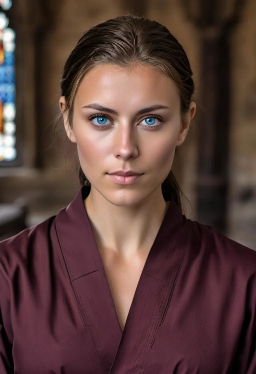 photo of tan nude (monk/sorceress), (Age 19), 5'8, 130lbs, 30B-24-30, (short light brunette hair), blue eyes,athletic, in monastery, realistic, HDR