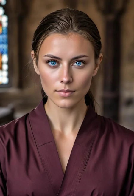 photo of tan nude (monk/sorceress), (Age 19), 5'8, 130lbs, 30B-24-30, (short light brunette hair), blue eyes,athletic, in monastery, realistic, HDR