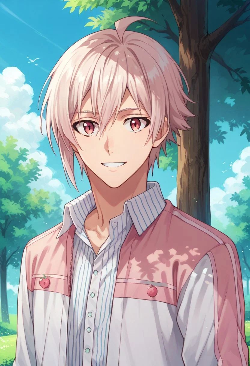 score_9, score_8_up, score_7_up, source_anime, highly detailed,
tennkujo, 1boy, male focus, solo, pink hair, looking at viewer, hood, ahoge, shirt, stripe,
upper body, smile,
outdoor, sky, tree