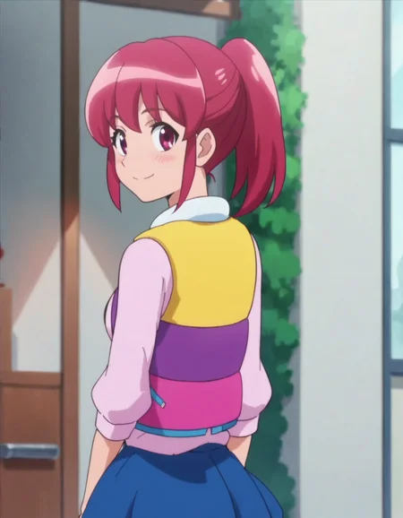 score_9, score_8_up, score_7_up, anime screencap, solo,1girl,ainomegumi,skirt, smile, looking at viewer, jacket,vest, shirt, blue skirt,cowboy shot,medium breasts,from behind,blush<lora:ainomegumi:0.8>