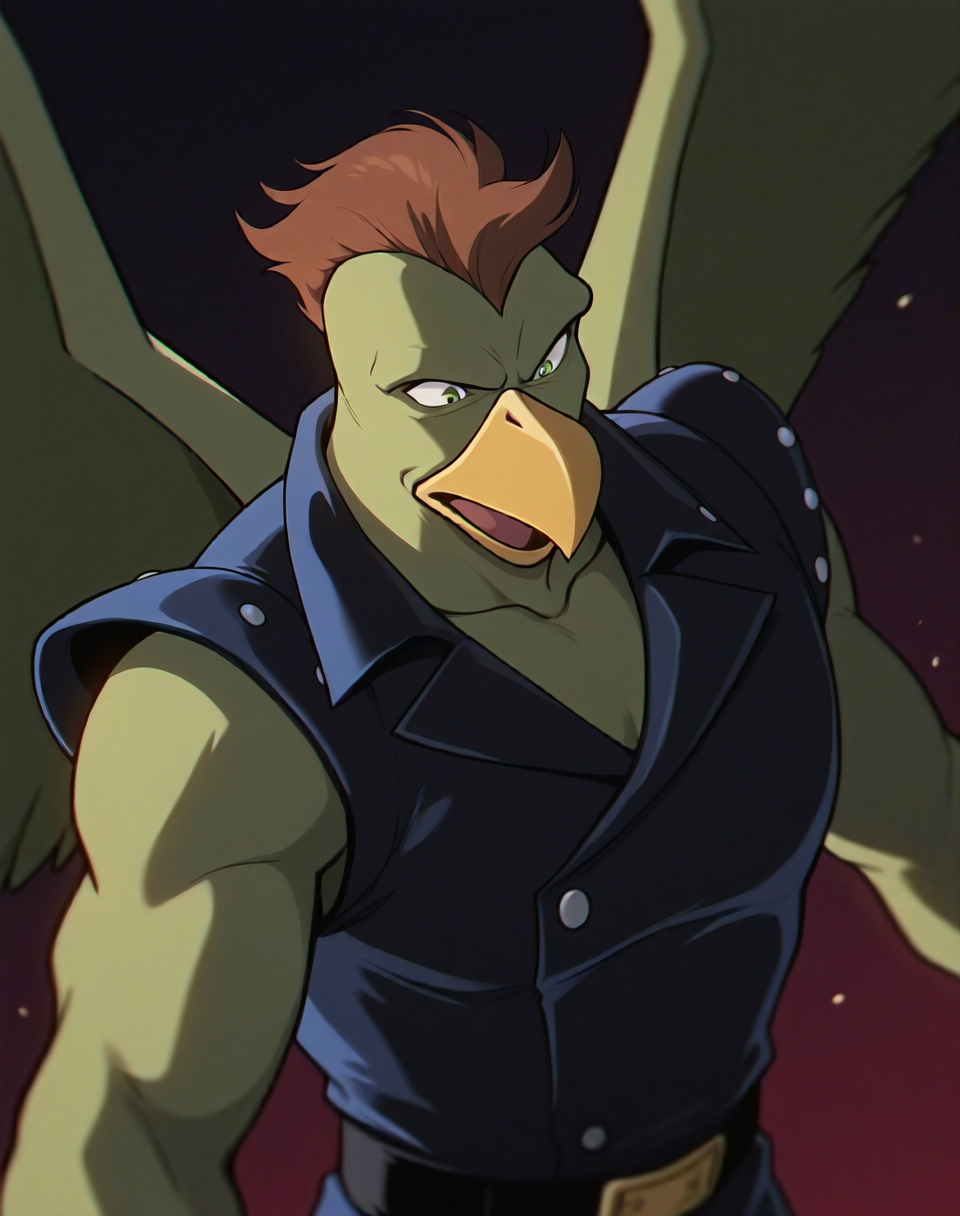 <lora:Griff_(Gargoyles)_(Illustrious)_(AD):1.15> Griff, muscular, monster, 
gradient coloring, dutch angle, 
BREAK very awe, aesthetically pleasing, masterpiece, best quality, amazing quality, very aesthetic, perfect depth of field shot, 
EZRealPONYXL, zPDXL, Smooth Quality, lazympos, IllustQualXL_Pos, lazynsfw,