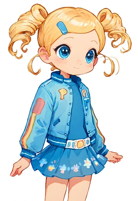 score_9, score_8_up, score_7_up, miyako, cute, blonde ponytails, blue jacket, blue skirt, colorful, digital art