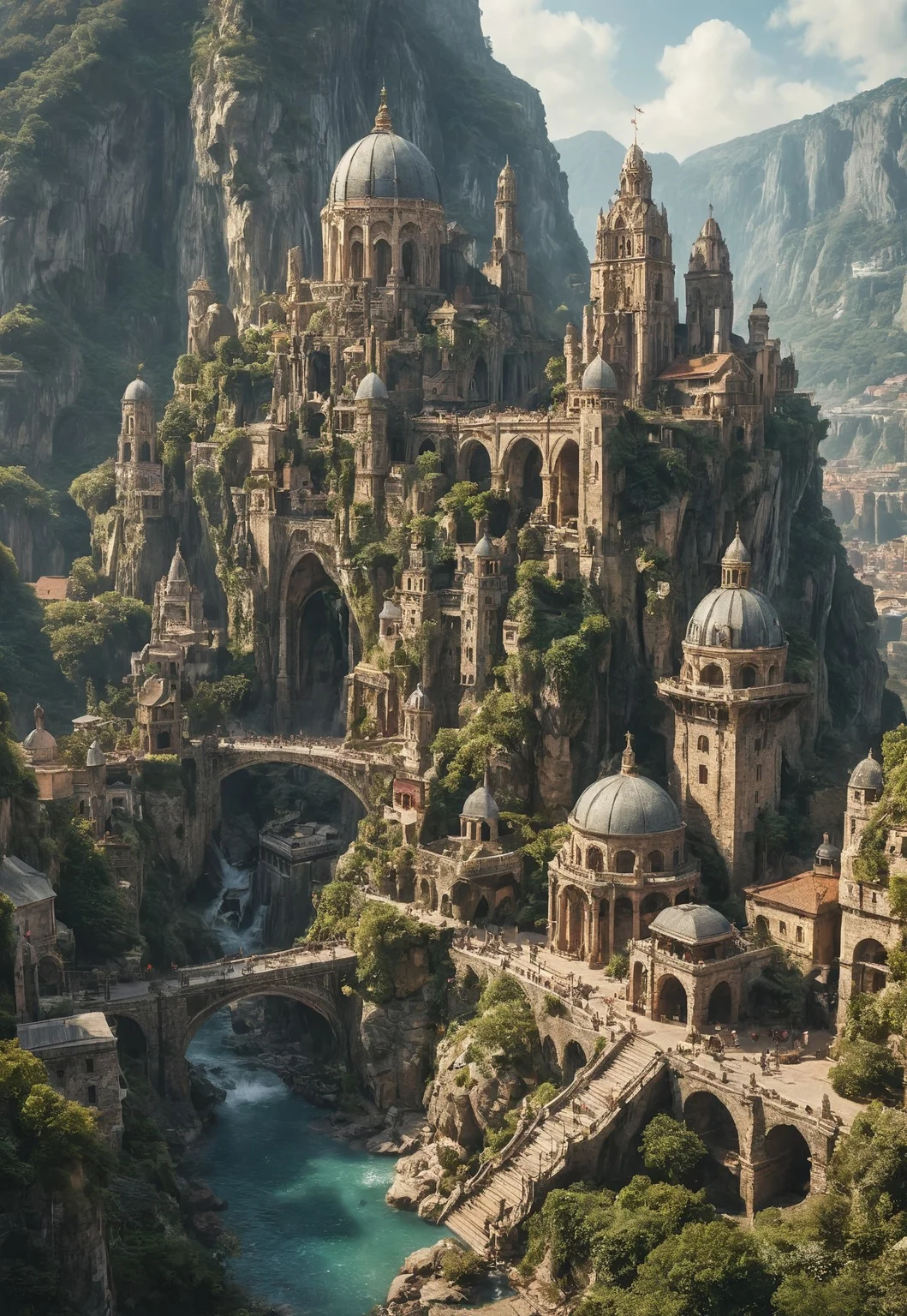 A grand, majestic fantasy city carved into a mountainside with intricate architectural designs. The city features multiple domed buildings, towering statues, and a large bridge connecting different parts of the city. a central plaza, city center, town hall, The scene is set in a lush landscape with rocky cliffs and creating a sense of awe and wonder.