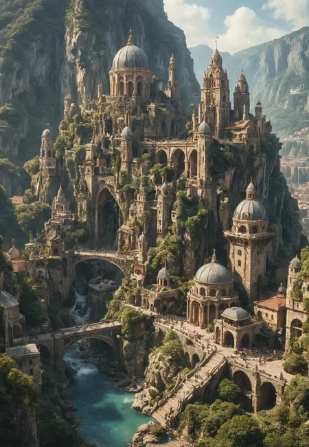 A grand, majestic fantasy city carved into a mountainside with intricate architectural designs. The city features multiple domed buildings, towering statues, and a large bridge connecting different parts of the city. a central plaza, city center, town hall, The scene is set in a lush landscape with rocky cliffs and creating a sense of awe and wonder.