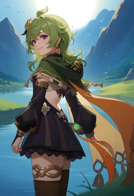 score_9, score_8_up, score_7_up, source_anime, 1girl, colleidef, green hair, medium hair, purple eyes, hair ornament, hair between eyes, ahoge, earrings, single earring, jewelry, green capelet, black dress, detached sleeves, puffy long sleeves, backless dress, bridal gauntlets, crossed bangs, brown thighhighs, asymmetrical legwear, thighlet, vision \(genshin impact\), orange ribbon, standing, smile, looking at viewer, outdoors, lake, sun, grass, from side, <lora:Collei_v1-000010:1>