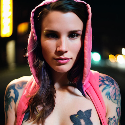 Photo of K8D, (close-up editorial photo of 20 yo woman, wearing unzipped hoodie flashing breasts, looking at viewer, emo hair, solo, tattoo on face, upper body, detailed background, town, alley) (standing:1.2) (dim lit room:1.4) <lora:epi_noiseoffset2:1.2>, POV, by lee jeffries, nikon d850, film stock photograph ,4 kodak portra 400 ,camera f1.6 lens ,rich colors ,hyper realistic ,lifelike texture, dramatic lighting , cinestill 800,