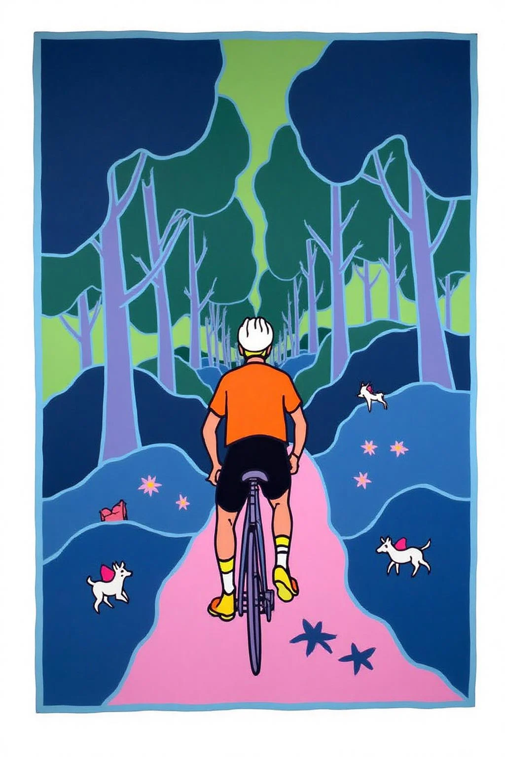 teha1 illustration.
A cyclist in a lush, forested path. The artwork features a cyclist, dressed in a cycling jersey, black shorts, and cycling shoes, riding a bike. The cyclist is wearing a white helmet and is leaning forward. <lora:teha1_cap_d6a3e11:1.0><lora:827679097741272345:0>