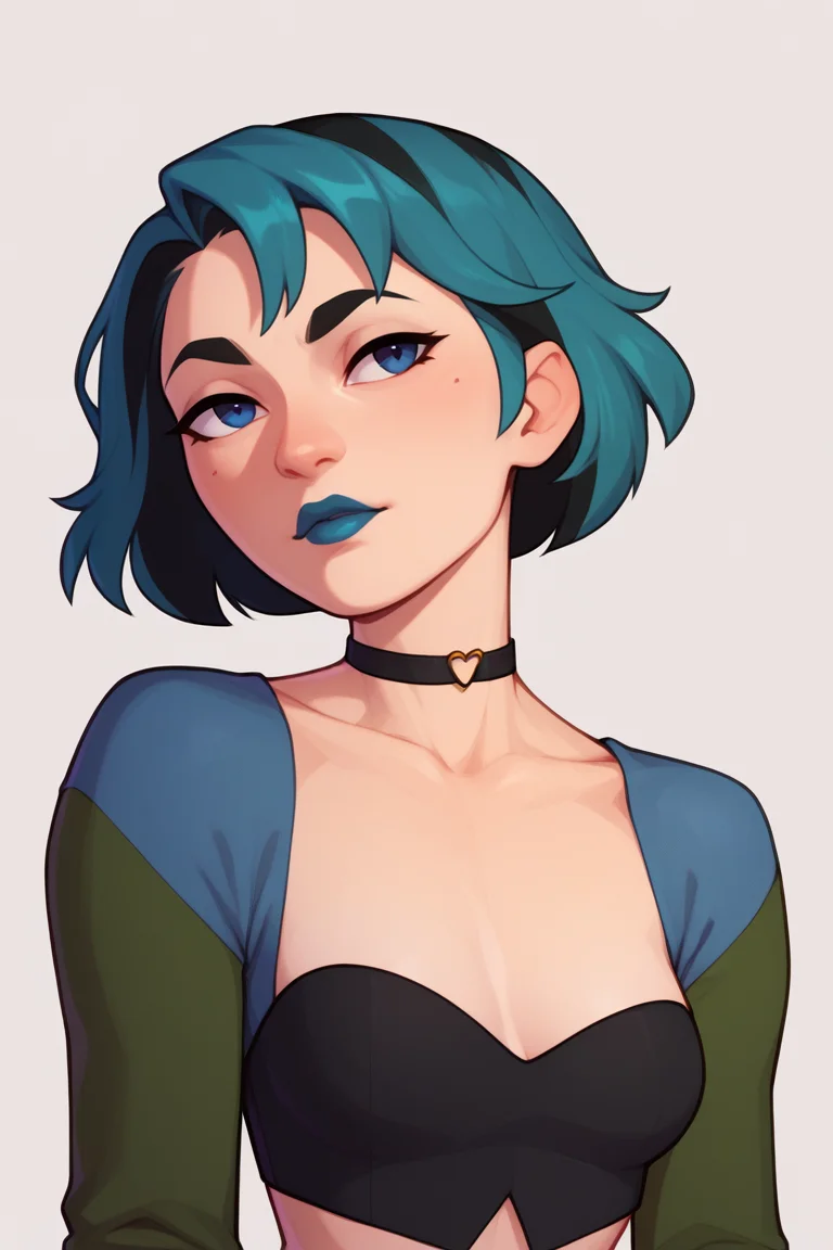 score_9, score_8_up, score_7_up, BREAK, <lora:pudgeruffian-guy-PONYv1:1>, 1girl, solo, breasts, <lora:gwentd-guy-ponyv1:0.95> gwentd, two-tone hair, lipstick, choker, crop top, long sleeves, portrait, three quarter view