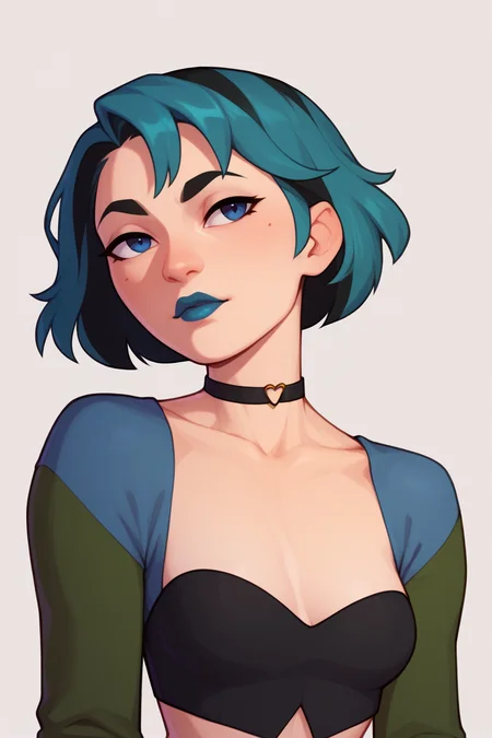 score_9, score_8_up, score_7_up, BREAK, <lora:pudgeruffian-guy-PONYv1:1>, 1girl, solo, breasts, <lora:gwentd-guy-ponyv1:0.95> gwentd, two-tone hair, lipstick, choker, crop top, long sleeves, portrait, three quarter view