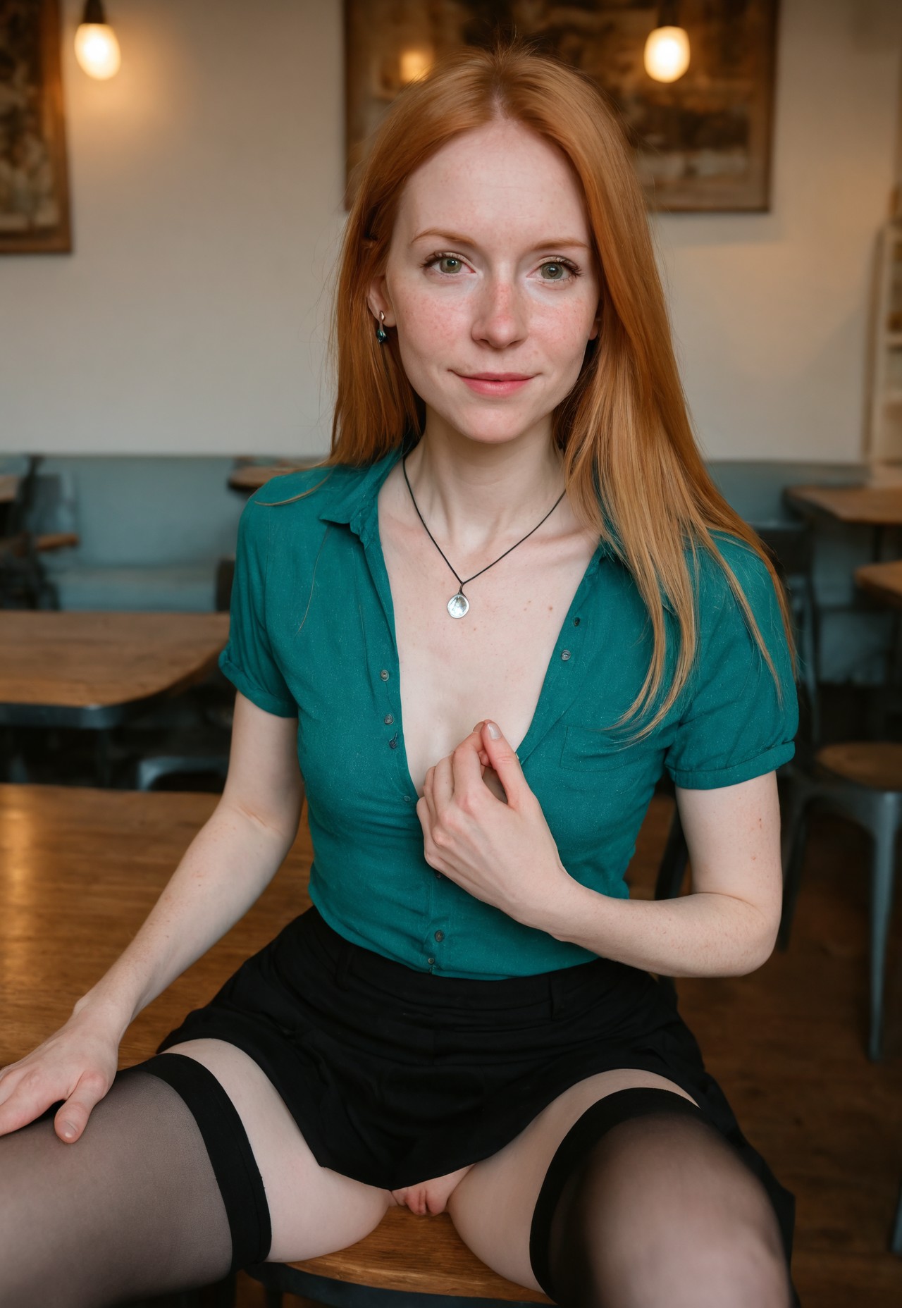 fair-skinned young woman, LabaWoman, She has long hair, blonde hair, expressive light brown eyes. Her expression is calm and serene, with a gentle closed-mouth smile. She has a slim, short and slightly body, small boobs, small nipples, petite body, pink nipples, (full body shot, looking away from camera:1.3), pale skin, freckles, cute, necklace, earrings, cleavage, (labia peek, pussy peek:1.3), detailed eyes,
black skirt, teal blouse, pale stockings, highly detailed skin texture, skin fuzz, BREAK, inside cafe, sitting at table, coffe on table,
