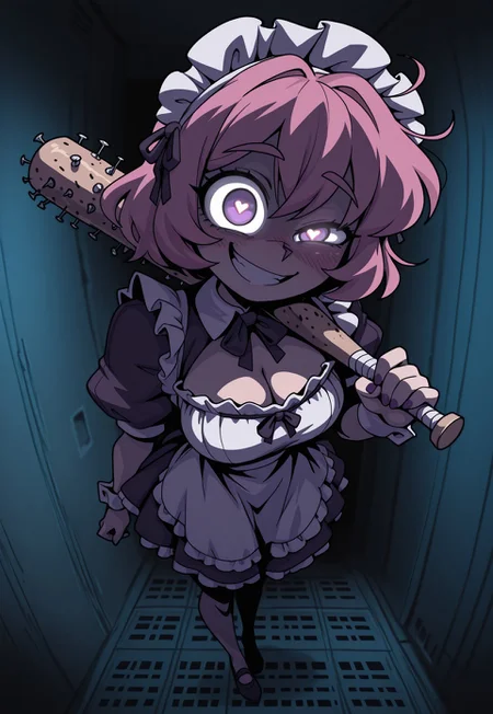 masterpiece, best quality, absurdres, amazing quality, very aesthetic, highly detailed, newest, 
1girl, solo, CivChan, pink hair, purple eyes, maid uniform, cleavage, dynamic composition, vibrant colors, vivid colors, full body, looking sweet, coy, holding a nail bat over her shoulder, smiling sweetly, dark background, server room, servers with blue lights, looking at viewer, beautiful eyes, detailed eyes, glowing eyes, heart-shaped pupils, (right eye focus), one eye raised, (psycho, obsessive), standing, from side, perspective, dim lighting, high contrast, chiaroscuro, dynamic lighting, ambient lighting, vanripper