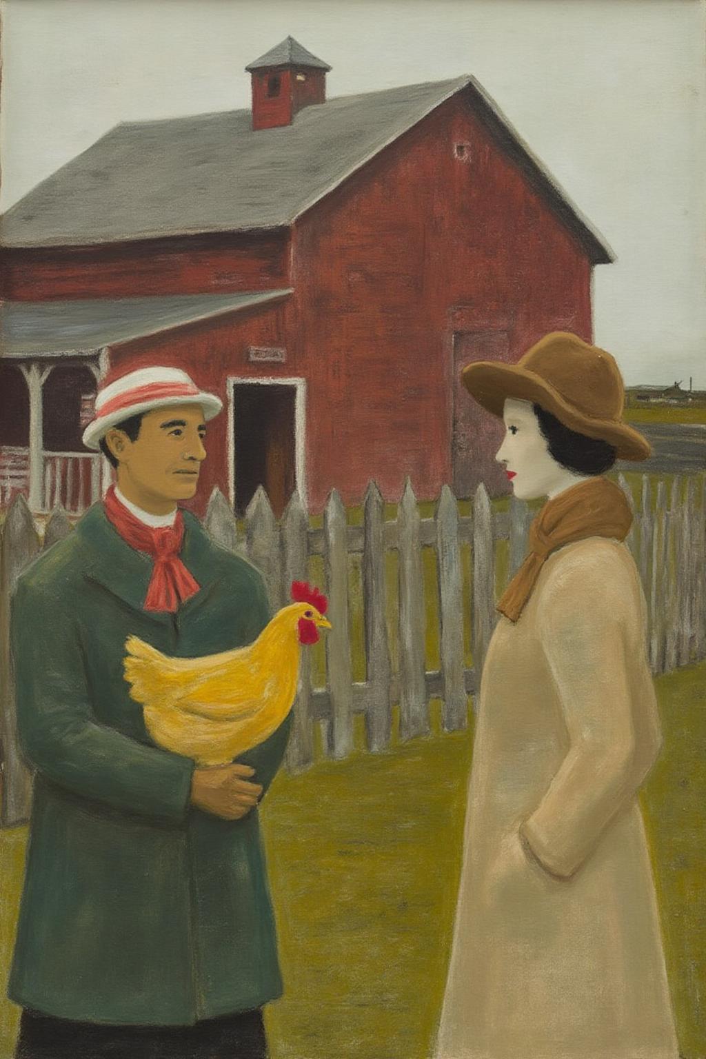 jeanpaullemieux1 painting. 
A man and a woman,engaged in conversation. The man,wearing a red and white striped hat,green coat,and scarf,holds a yellow chicken with a red comb. The woman,in a brown hat,beige coat,and scarf,faces him. They stand in front of a rustic farmhouse with a red barn and wooden fence. The background is a bright,clear sky..,, <lora:jeanpaullemieux1_cap_d6a3e8:1.0><lora:841092899081917723:0>