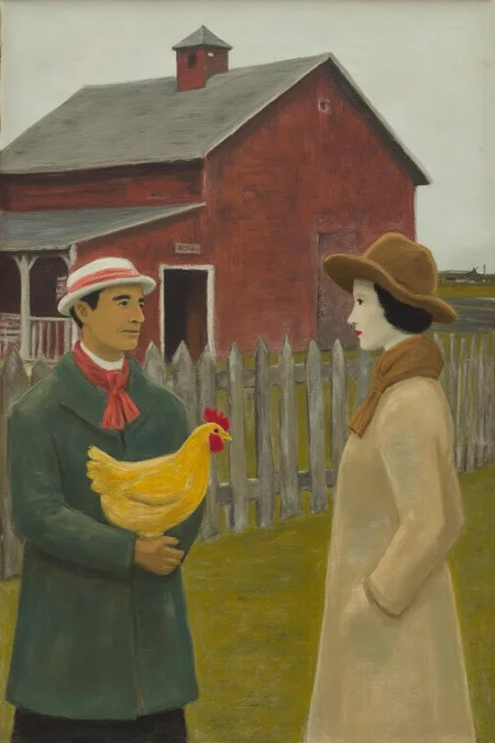 jeanpaullemieux1 painting.
A man and a woman,engaged in conversation. The man,wearing a red and white striped hat,green coat,and scarf,holds a yellow chicken with a red comb. The woman,in a brown hat,beige coat,and scarf,faces him. They stand in front of a rustic farmhouse with a red barn and wooden fence. The background is a bright,clear sky..,, <lora:jeanpaullemieux1_cap_d6a3e8:1.0><lora:841092899081917723:0>