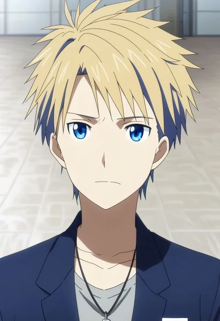 high resolution, solo, best quality, 1Boy, Yamato Ishida, Blond Hair, Blue Eyes, Necklace, school, school uniform, OverallDetail