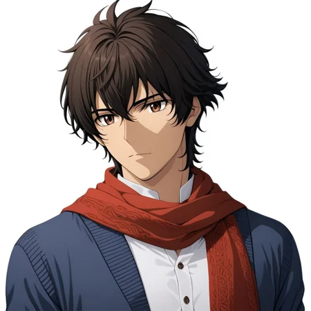 ASCIIsoran_ibrahim, 1man, solo, slim lean body, sweaty, reflective symmetric brown eyes, white buttoned shirt, blue cardigan, red scarf,
in front of a (plain white background: 1.2), masterpiece, best quality, ultra high res, intricate detail, soft warm lighting,