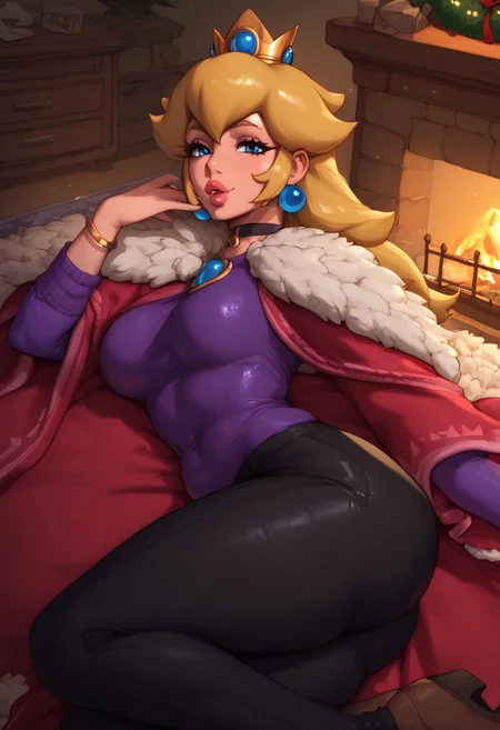 score_9, score_8_up, score_7_up, , 1girl, solo, , large breasts, narrow waist, , thick thighs, bubble ass, choker, , l, lying, indoors, cozy living room, christmas decor, looking at viewer, oiled body, earrings, detailed face, makeup, eye shadow, seductive, close view, Princess Peach, , medium breasts, stone capelet, cape, red jacket, long sleeves, purple dress, bracelet, black pants, brown footwear