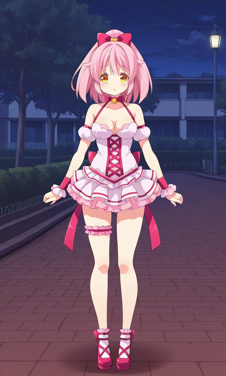 1girl, solo, mgyunishirakawa, magical girl, pink hair, high ponytail, hair flaps, hair bow, yellow eyes, choker, bowtie, brooch, frilled dress, medium breasts, cleavage, detached sleeves, bare shoulders, puffy short sleeves, bracer, frilled wrist cuffs, back ribbon, bridal garter, high heels, outdoors, campus, night, standing, arms at side, straight-on, parted lips, full body,