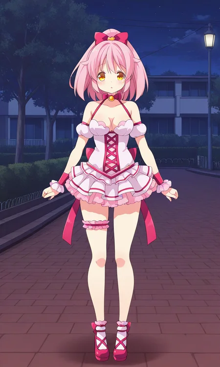 1girl, solo, mgyunishirakawa, magical girl, pink hair, high ponytail, hair flaps, hair bow, yellow eyes, choker, bowtie, brooch, frilled dress, medium breasts, cleavage, detached sleeves, bare shoulders, puffy short sleeves, bracer, frilled wrist cuffs, back ribbon, bridal garter, high heels, outdoors, campus, night, standing, arms at side, straight-on, parted lips, full body,