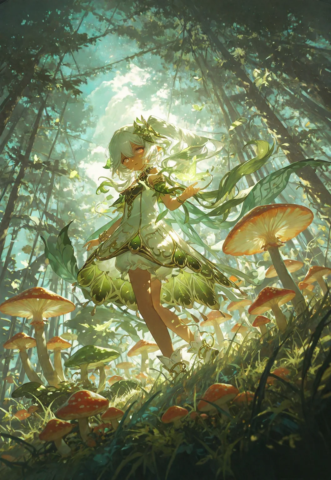 1girl, usnr,looking at viewer,  cool expression,night,night sky,blue tint, shade,lots of cloud of different shades, full body, forest, jungle,vines, mushrooms, glowing mushrooms, detailed grass, shrubs, floating leaves, windy, floating hair, solo, impressionism, excellent depth of field, partly realistic texture, dramatic lighting, sharp focus, newest, absurdres, highres, very aesthetic, masterpiece, eye-catching, beautiful body, detailed skin features, beautiful eye details, bright colors, vivid colors, extreme contrast, foreshortening, high resolution, best quality, ultra high definition, extremely high detail, close-up, wide angle, cinematic field of view, perfect composition, intricate details, enriched colors, Nahida,side ponytail,leaf hair ornament,official outfit,white bloomers,tan, tank skin, dark skin, veil, indian veil, green veil
