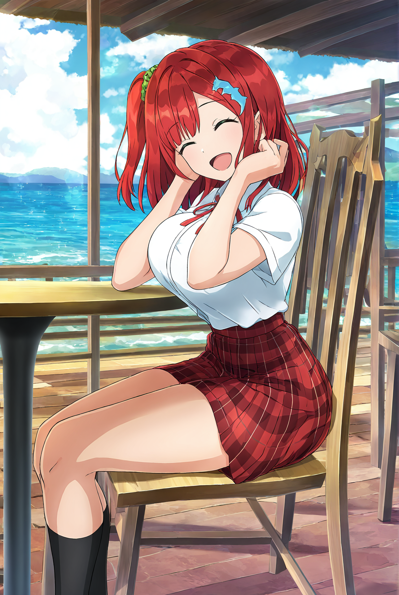 masterpiece,best quality,amazing quality,very aesthetic,absurdres,newest,scenery,anime screenshot,anime coloring,
looking at viewer,female focus,
1girl,solo,green eyes,red hair,medium hair,one side up,bangs,breasts,large breasts,hair ornament,green scrunchie,:d,open mouth,shirt,ribbon,plaid skirt,closed eyes,sitting,outdoors,kneehighs,chair,day,short sleeves,table,sky,ocean,
<lora:ãILXLãsakimiya_iruka-000010:0.9>,