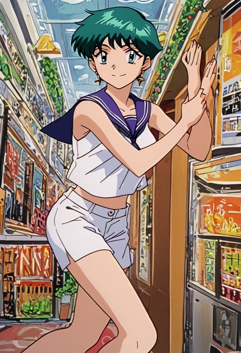 retro artstyle, source_anime, official style, PonyXLV6_Scores, masterpiece, ultra detailed, best quality, beautiful face, perfect anatomy, anatomically correct, detailed eyes, <lora:xl_more_art-full_v1:0.7>, <lora:Detailed_anime_style:0.4>, <lora:LCM&TurboMix:1.0>, <lora:Expressiveh:0.5>, Expressiveh, 5 fingers, perfect hands, perfect feet, BREAK 1girl, full_body, DollMew, 1990s (style), 1girl, solo, green hair, short hair, green eyes, slim sexy body, medium breasts, cute pose, looking at viewer, Smile, Closed mouth, (OutfitCasual, (purple sailor collar, white tank top, sleeveless,), white shorts, stud earrings, ), cowboy shot, BREAK (public mall, indoors, multiple men, townspeople, casual clothes,),