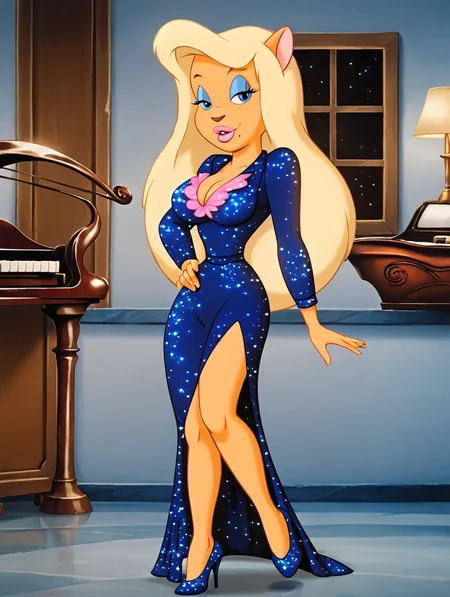 score_9, score_8_up, score_7_up, toon \(style\),ultra high quality,ultra high resolution,ultra ,full body, seductive, very realistic,(extremely detailed), detailed background,,(masterpiece, best quality, high quality, highres, ultra-detailed),toon (style), flat color, narrow waist,full body,perfect eyes,perfect lips,seductive smile,thick lips,long eyelashes,bedroom eyes,breasts press,arms in front,breasts squished,breasts pressed ,,seducing,(flirting with viewer:1.3), <lora:Kitten_Kaboodle_talespin:0.84> kitten kaboodle, furry, cat, blonde hair, huge breasts, beige fur, blue eyeshadow, pink lips, cleavage, mole on cheek, blue eyes, long eyelashes,blue dress,sparkling dress,long sleeves,filmset,stiletto heels,full body,thigh high slit dress,bodycon dress,actress, single,movie set background,long legs,narrow waist,940s classic Hollywood style, dimly lit bar with art deco elements, vintage café tables, and chairs, ceiling fans lazily spinning, grand piano in the corner, black and white film aesthetic, large arched windows with heavy drapes, soft glow from wall sconces,