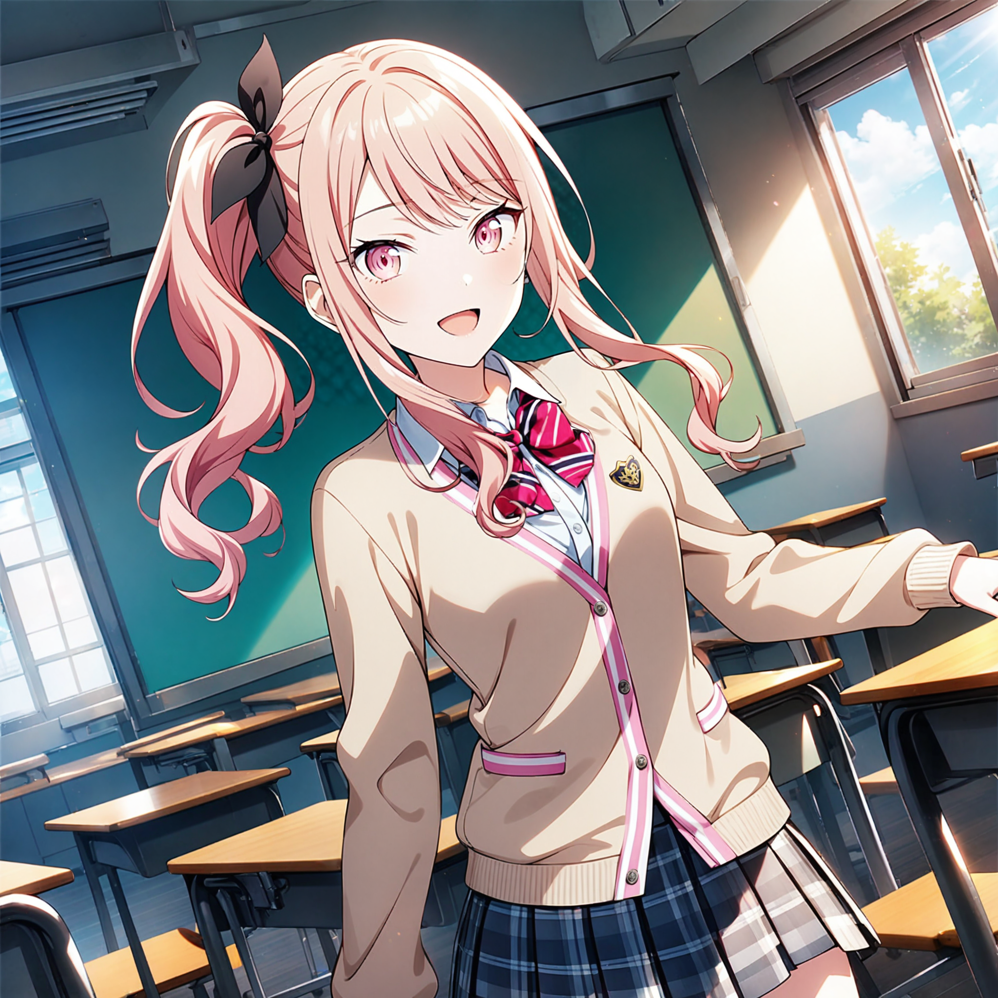 1girl, akiyama mizuki, project sekai, solo, masterpiece, very aesthetic, absurdres, official art,
kamikou blazer, solo, pink long hair, side ponytail, pink eyes, sidelocks, bangs,
(looking at viewer:1.2), :D, cowboy shot, contrapposto, dutch angle,  BREAK
beige cardigan, (buttoned cardigan:1.2), pink trim cardigan, light pink shirt, plaid skirt, red diagonal-striped bowtie, red hair ribbon, 
indoors, school classroom, day, sun light, beautiful blue sky, chair, desk, 
<lora:sdxl-vbs-SeifukuAn03:0.3:lbw=0,0,0.2,0.2,0,0.4,0.4,0,0.8,0.8,0,0,0,0.8,0.8,0.6,0.8,0.0,0.0,0.0,0,0,0,0,0,0>