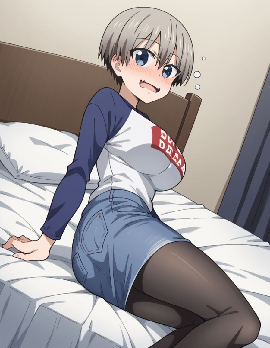score_9, score_8_up, score_7_up, source_anime,
hanauzaki, <lora:hana-uzaki-s1-ponyxl-lora-nochekaiser:0.8>,
hana uzaki, short hair, blue eyes, large breasts, grey hair,
skirt, shirt, pantyhose, black pantyhose, denim, clothes writing, raglan sleeves, denim skirt, romaji text,
indoors, bed, bed room, on side, blush, drunk,
looking at viewer, cowboy shot, solo, dutch angle,