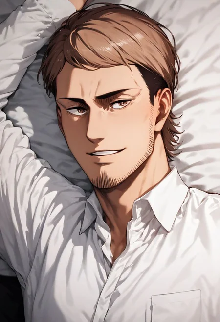 score_9, score_8_up, score_7_up, (solo man), Jean Kirstein, brown hair, light-brown eyes, thin eyebrows, facial hair, stubble, upper body, (lying on bed, on back, spread legs), masculine, handsome, charming, alluring, slight smile, perfect eyes, (white collared shirt, long sleeves, dark pants), black socks, perfect anatomy, perfect proportions, perfecteyes