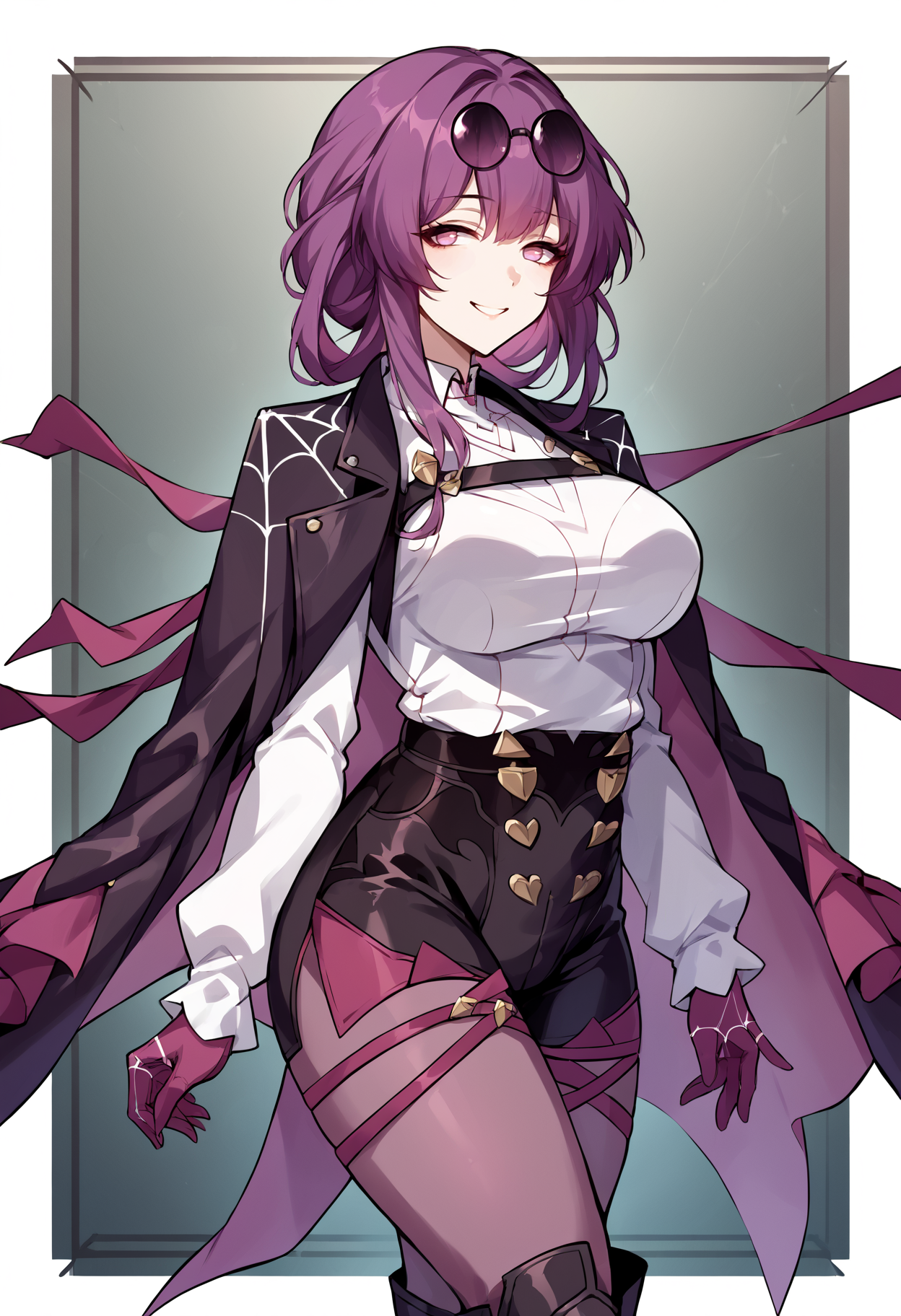 score_9, score_8_up, score_7_up, source_anime, 1girl, mlkfk, eyewear on head, jacket on shoulders, long hair, pince-nez, purple hair, round eyewear, sunglasses, white shirt, double breasted, high, asymmetrical gloves, spider web print, high heel boots, knee boots, pantyhose under shorts, purple pantyhose,  <lora:Kafka-pdxl-1:1>, mature female, smile, cowboy shot,