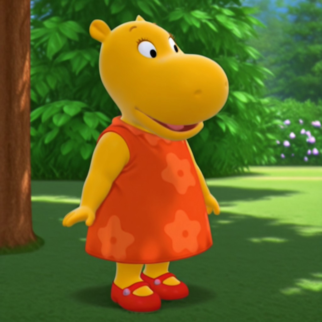 masterpiece, best quality, amazing quality, TashaByil, anthro, female, hippo, yellow skin, black eyes, orange dress, red mary-janes, outside, full body  solo, 1girl,