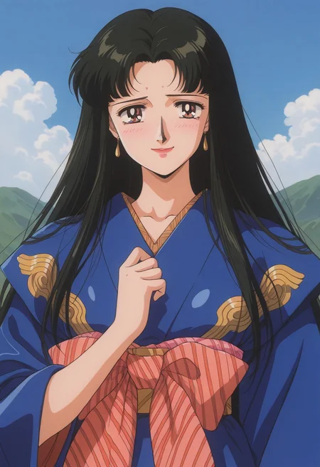 1990s_\(style\),retro_artstyle,1woman,mature female,black_hair,long_hair,bangs,blue_Japanese_Kimono,earrings,looking at viewer, tear,(detailed face,shy,smile,red_lips),(upper_body,nallow waist,lewd lowerbody,close_to_viewer),outdoor,blue_sky,cloud,BREAK score_9, score_8_up, score_7_up, source_anime,masterpiece, best quality,official art,perfect_anatomy