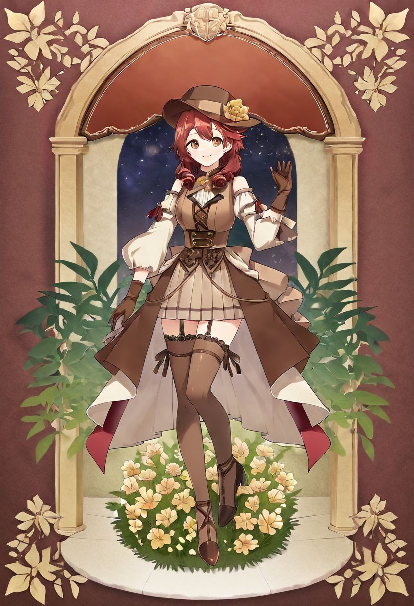 1girl, solo, brown hair, brown eyes, smile, gloves, flower, ,a female anime character with red hair,, 1girl, , brown hair, hat,brown eyes, smile, gloves, flower,fullbody