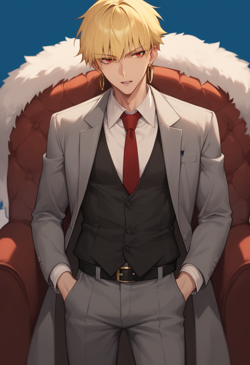 score_9,score_8_up,score_7_up,1,<lora:stay_night_all:1>,1boy,black_belt,blonde_hair,blue_background,collared_shirt,dress_shirt,eyes_visible_through_hair,formal,gilgamesh_\(fate\),gold_earrings,grey_coat,grey_pants,hands_in_pockets,highres,hoop_earrings,long_sleeves,lower_teeth_only,male_focus,parted_bangs,parted_lips,print_necktie,red_eyes,red_necktie,short_hair,simple_background,solo,waistcoat,white_border,white_shirt,