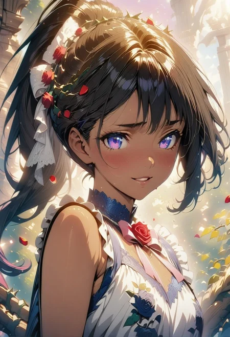 (masterpiece), (best quality), (ultra-detailed), very aesthetic, illustration, perfect composition, intricate details, absurdres, detailed face, (anime, masterpiece, intricate:1.3), (best quality, hires textures, high detail:1.2), (4k),(incredibly detailed:1.4) (((Best quality))), (((Ultra detailed))),(dim lighting, light particles, realistic, highres, Shy smile:1.4, absurdres) ,1girl, solo, looking at viewer, very long hair,high ponytail, indigo eyes, rose hair ornament, dress, frilly indigo back hair bow, cowboy shot, indigo hair, red roses, parted lips, pastel ribbons in hair, red roses in hair, indigo eyes, eyelashes, lips, pastel blue lace sleeveless dress,rose print dress, red roses, pale pink background, curly hair, rose vines with thorns,( rose petals falling in the air:1.3), soft light, tan skin, brown skin, hair blowing in the breeze, pastel theme, pastel colors, roses around the girl