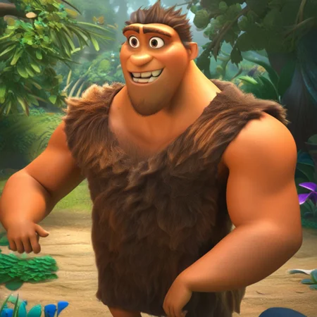 Grug, 1boy, short hair, facial hair, bara, musuclar, thick eyebrows, chest hair, brown hair, stubble, pectorals, brown eyes, arm hair, leg hair, sleeveless, tattered tunic, furry top, brown fur, caveman, broad shoulders, forest, smile, solo, muscular, wide shoulders, 4k, hi res, five fingers, detailed hands, ((detailed face, (detailed eyes:1.0), detailed)), large build, crooked teeth,