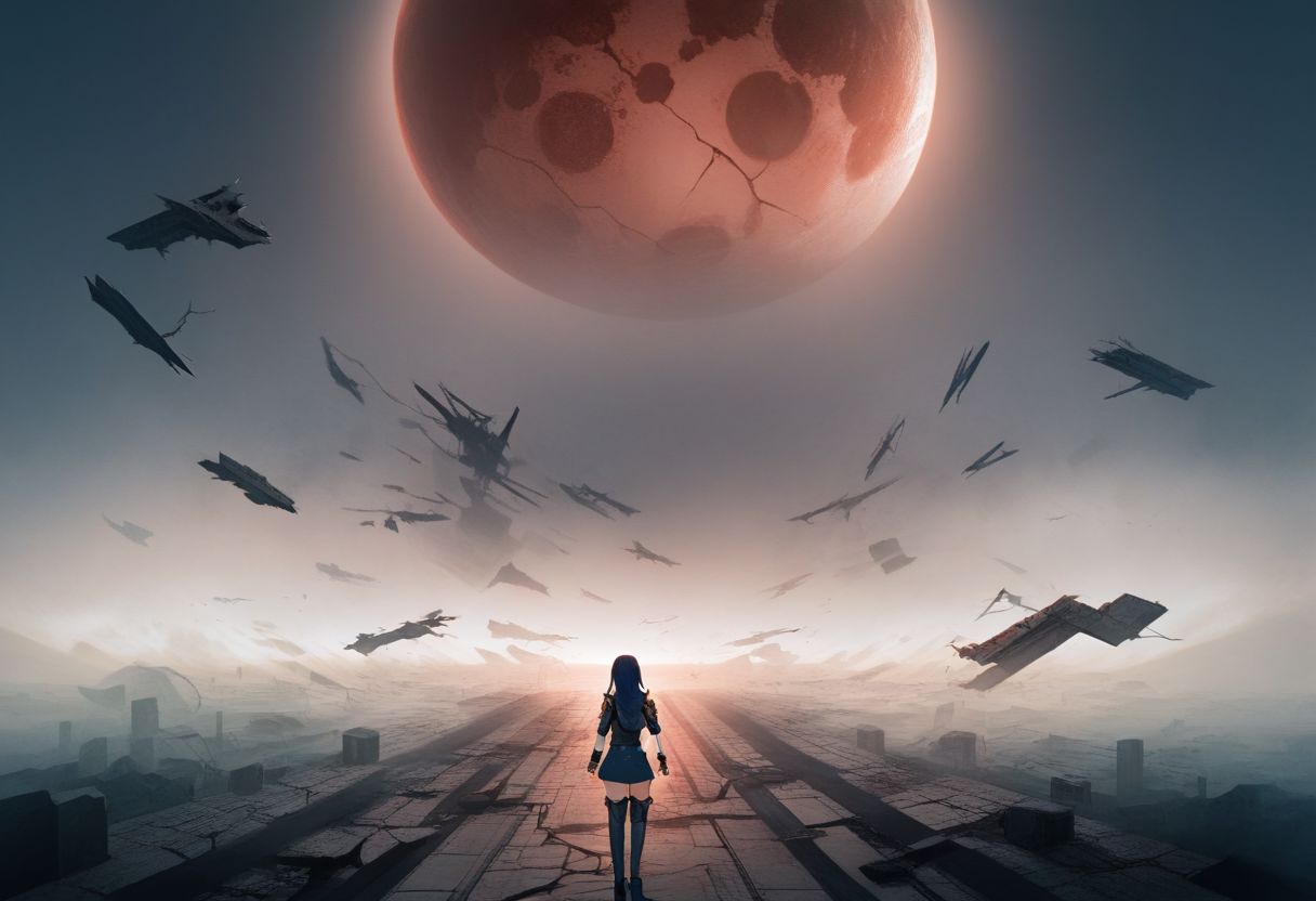 score_9, score_8_up, score_7_up, 1girl ,perfecteyes,red moon, multicolored theme,defLuci, long hair, tiara, cape, shoulder armor, blue tunic, long sleeves, cuffs, blue scarf, fingerless gloves, belt, pants, thigh boots, Runing
,broken armor, broken clothes , close up
Break,
high detailed, ultra-detailed, a desolate cityscape in a post-apocalyptic world, ruined skyscrapers, collapsed buildings, overgrown vegetation, cracked roads, abandoned vehicles, crumbling infrastructure, eerie atmosphere, dark clouds, dim lighting, scattered debris, remnants of a once-bustling metropolis, shadows, fog, dystopian setting, haunting silence, signs of former civilization, graffiti, broken windows