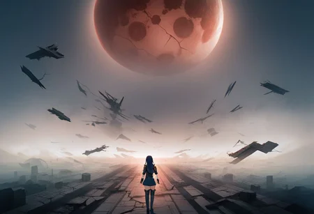 score_9, score_8_up, score_7_up, 1girl ,perfecteyes,red moon, multicolored theme,defLuci, long hair, tiara, cape, shoulder armor, blue tunic, long sleeves, cuffs, blue scarf, fingerless gloves, belt, pants, thigh boots, Runing
,broken armor, broken clothes , close up
Break,
high detailed, ultra-detailed, a desolate cityscape in a post-apocalyptic world, ruined skyscrapers, collapsed buildings, overgrown vegetation, cracked roads, abandoned vehicles, crumbling infrastructure, eerie atmosphere, dark clouds, dim lighting, scattered debris, remnants of a once-bustling metropolis, shadows, fog, dystopian setting, haunting silence, signs of former civilization, graffiti, broken windows