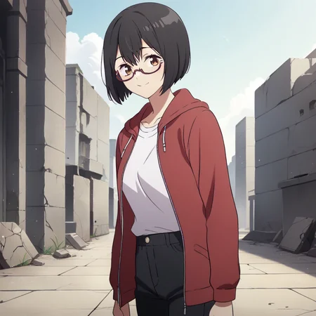 score_9, score_8_up, score_7_up, score_6_up, source_anime BREAK 1girl, solo, <lora:Sorawo Kamikoshi - Otherside Picnic-000004:1>, SorawoUP, brown eyes, black hair, short hair, bob cut, glasses, semi-rimless eyewear, under-rim eyewear, red jacket, white shirt, black pants, outdoors, ruins, overcast, looking at you, smile,