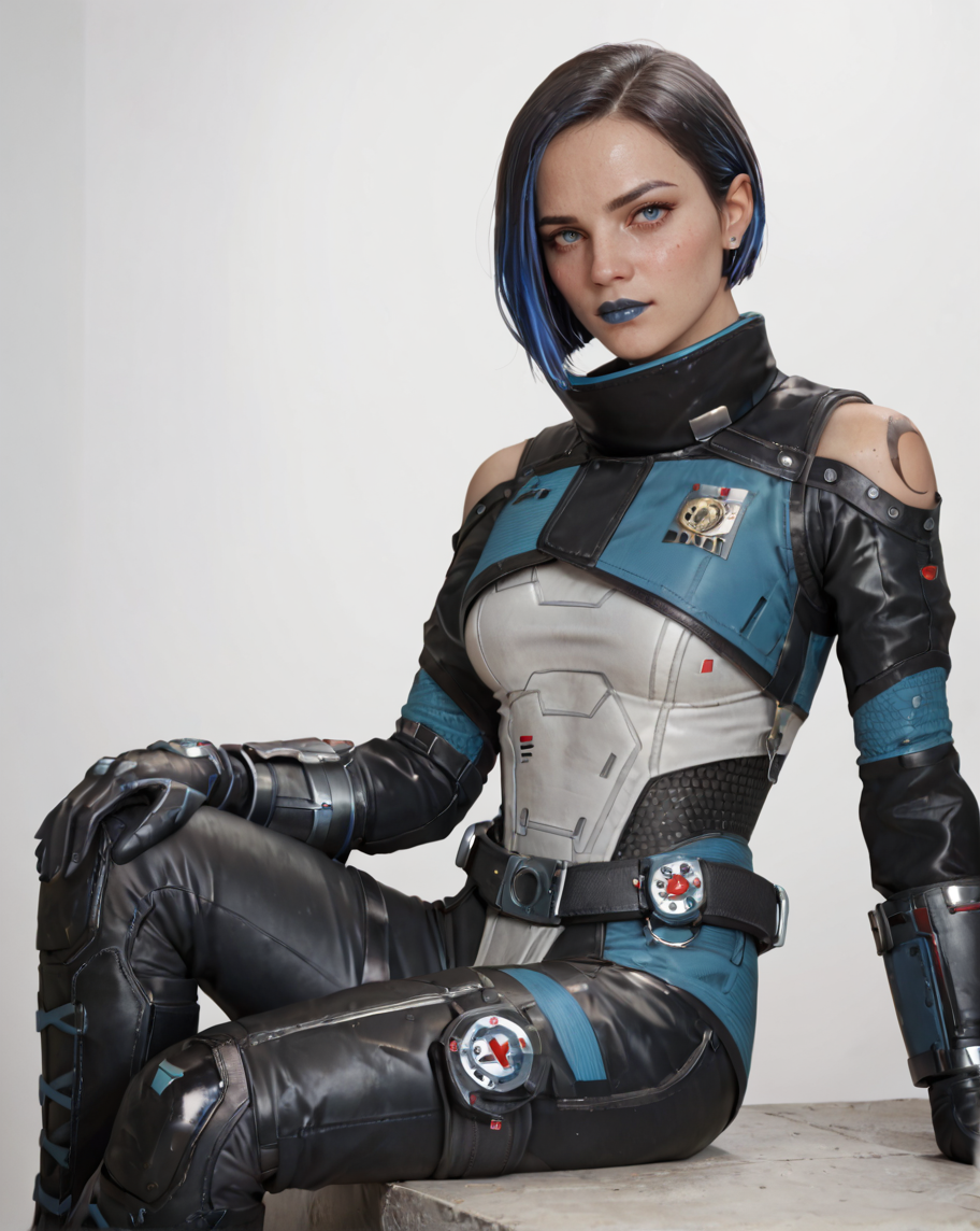 (Masterpiece:1.4), (best quality:1.2), score_9, score_8_up, score_7_up, score_6_up, 1girl, solo, simple background, ctl7t0rig, black gloves, black bodysuit, grey bodysuit, belt, black hair, blue hair, multicolored hair, short hair, two-tone hair, black knee boots, breasts, black pants, blue lips, blue eyes, shoulder cutout,   (looking at viewer|looking to the side)  medium breasts, blush,  (standing|standing|sitting) <lora:MyTrainings\Temp\Catalyst_Original_XL_Pony.safetensors:0.6>