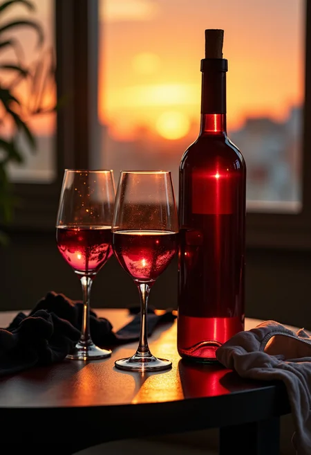 still life photo of an empty bottle of wine and three half-filled wine glasses on a living room side table, lipstick prints on the wine glasses,
sunset is visible through the window in the background
shallow focus, one side lighting, dramatic lighting,
(( black panties and a negligee are dropped haphazardly on the floor)), (a white bra is draped over the tip of the wine bottle)