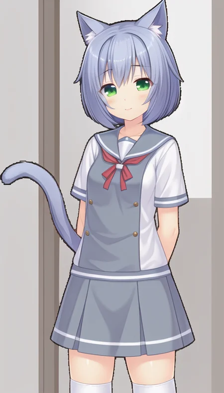 masterpiece, best quality, cat_ears,white kneehighs, shirt, school uniform, seifuku, Sailor dress, small breasts, green eyes, short hair, light blue hair, girl, solo, 
 <lora:niunaiV1:0.5>
niunai