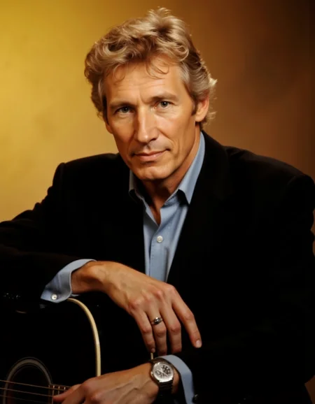 <lora:rogerwaters:1>, The image is a high-resolution photograph featuring a middle-aged man seated against a gradient background that transitions from light yellow to dark brown. The man has short, tousled, light brown hair and is dressed in a black blazer over a light blue dress shirt, with the shirt's collar slightly unbuttoned. He is resting his left elbow on a black acoustic guitar, which is positioned horizontally in front of him. His right hand is placed gently on the guitar, with the fingers resting on the strings, suggesting he is a musician or has a musical connection. On his left wrist, he wears a silver wristwatch with a leather strap, and on his right ring finger, there is a silver ring with a black stone. The man's expression is serious and contemplative, with a slight smile on his lips. The lighting is soft, highlighting his features and the textures of his clothing and the guitar. The overall ambiance of the photograph is warm and inviting, capturing a moment of introspection or reflection.
