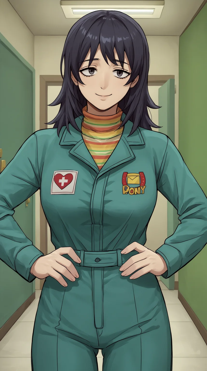 score_9, score_8_up, score_7_up,anime_source, source_anime, best background, detailed background, anime screencap, 4k, upscaled, Anya, Main Outfit, solo, smile, closed mouth, hand on own hip, indoors, corridor, dark, expressless, <lora:JN_Anya_Pony:0.8>