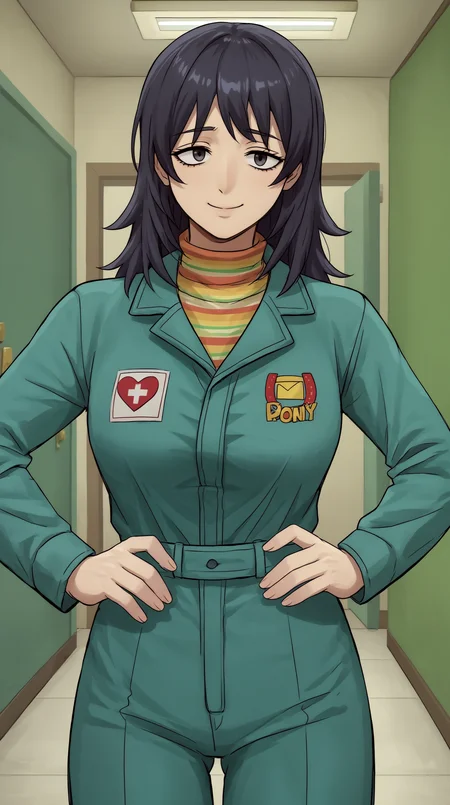 score_9, score_8_up, score_7_up,anime_source, source_anime, best background, detailed background, anime screencap, 4k, upscaled,  Anya, Main Outfit, solo, smile, closed mouth, hand on own hip, indoors, corridor, dark, expressless,   <lora:JN_Anya_Pony:0.8>