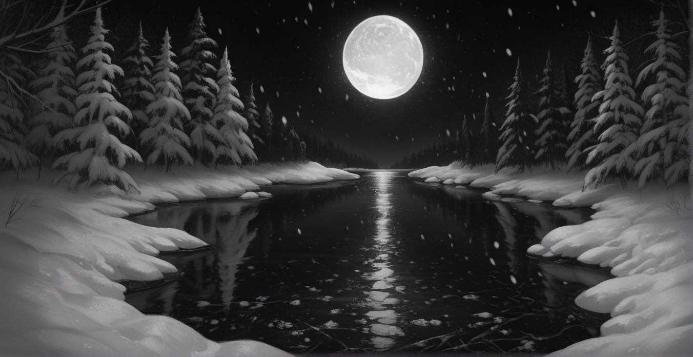Graphic Design, greyscale, monochrome, intricate details, high contrast, detailed background, beautiful detailed, beautiful face, detailed eyes, detailed face, new, z41ch1k, no humans, scenery, very aesthetic, forest, night, moon, stars, winter, snow, snowing, lake, ice, (masterpiece, best quality, newest, recent, absurdres), 